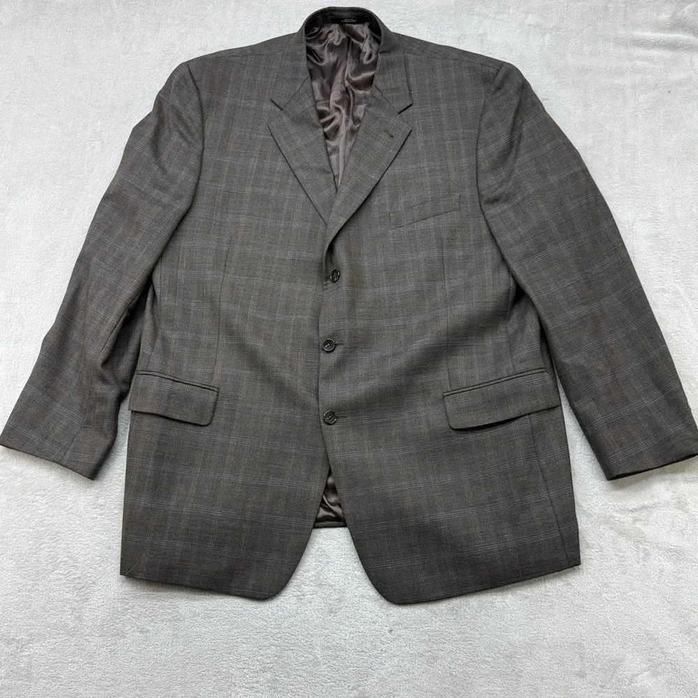 Joseph Abboud Sport Coat Mens 48L Brown Plaid 100% Wool 3 Button Blazer 1417/1